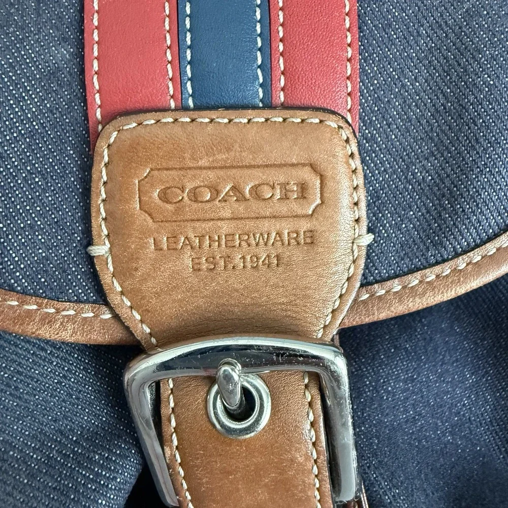 Vintage Coach Denim Blue Chambray Red Brown Leather Trim Backpack Purse 2004